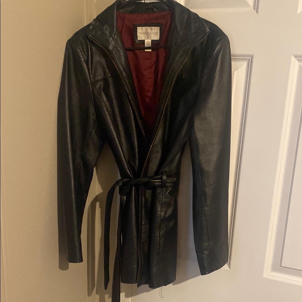 Worthington Black Leather Wrap Jacket with Tie Belt
